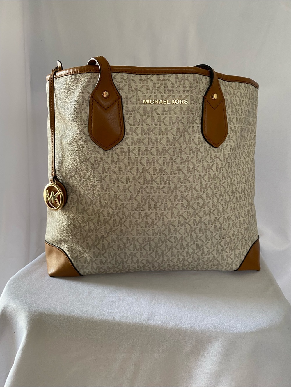 Michael Kors Cream and Brown MK Signature Tote